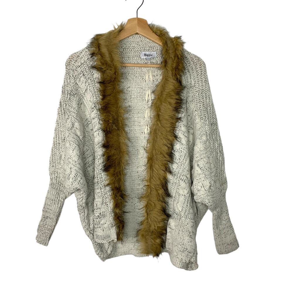 MILITARY HIPPIE Felicity Faux Fur Batwing Cardigan White Brown